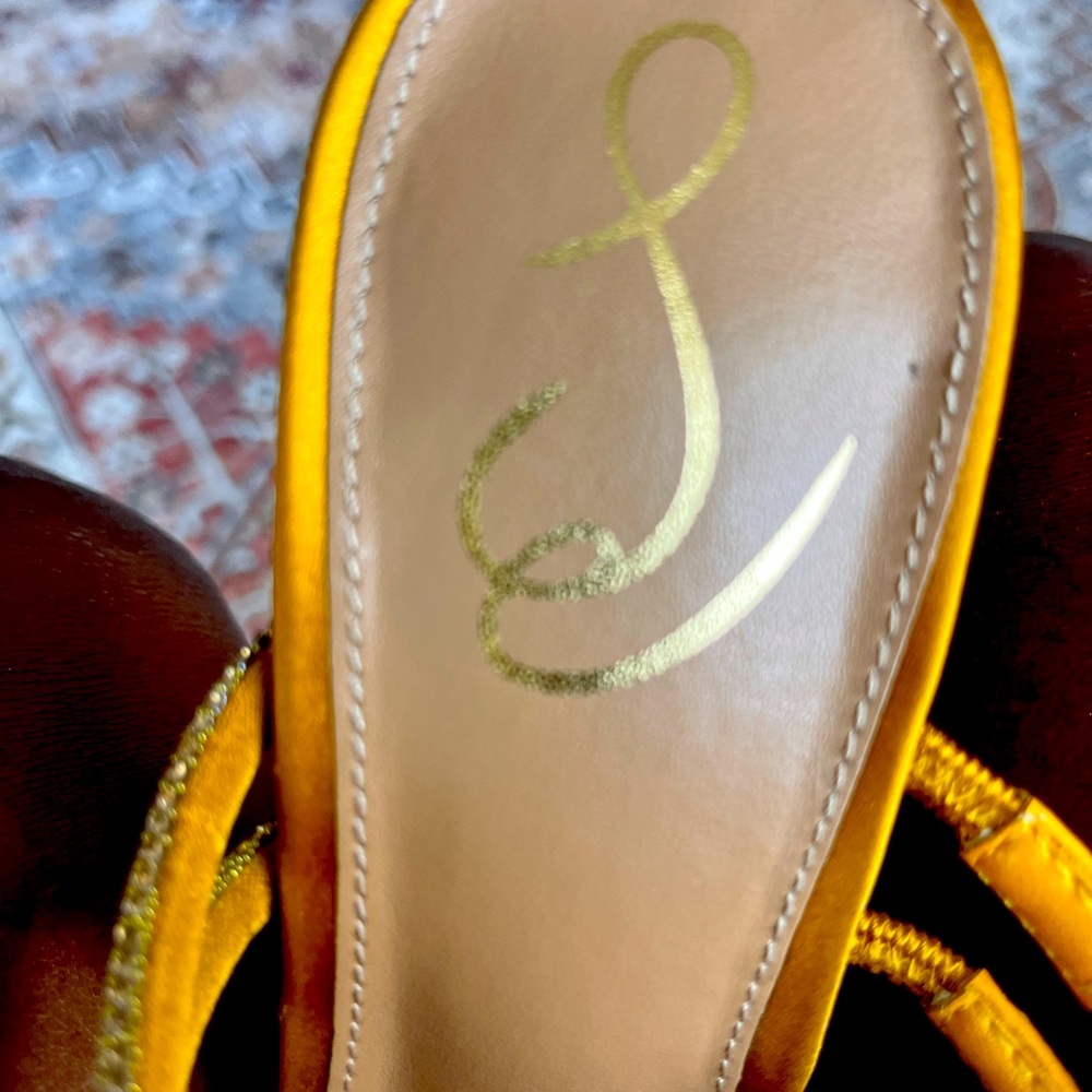 Sam Edelman Agustina Golden Yellow Satin Spool Heel Pointed Toe Pumps